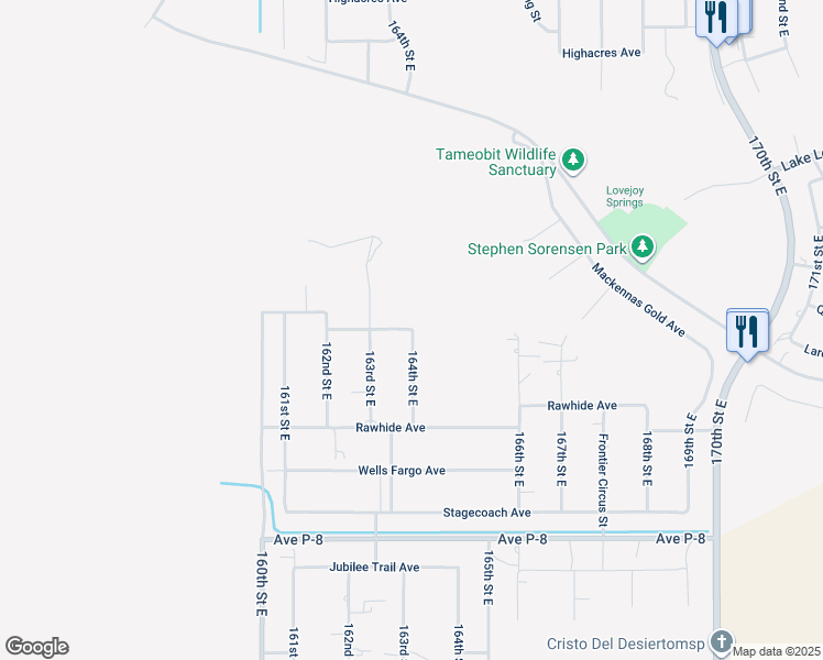 map of restaurants, bars, coffee shops, grocery stores, and more near 164th Street East in Lake Los Angeles