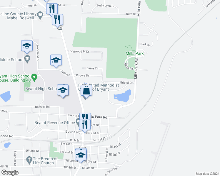 map of restaurants, bars, coffee shops, grocery stores, and more near 27 Arcadia Circle in Bryant