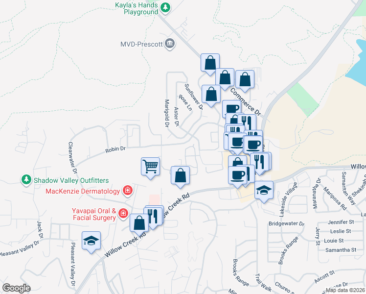 map of restaurants, bars, coffee shops, grocery stores, and more near 3200 Aster Drive in Prescott