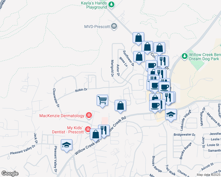 map of restaurants, bars, coffee shops, grocery stores, and more near 3250 Marigold Drive in Prescott