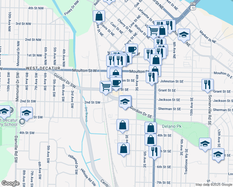 map of restaurants, bars, coffee shops, grocery stores, and more near 224 2nd Avenue Southeast in Decatur