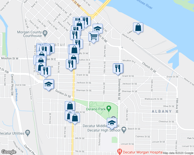 map of restaurants, bars, coffee shops, grocery stores, and more near 827 Grant Street Southeast in Decatur