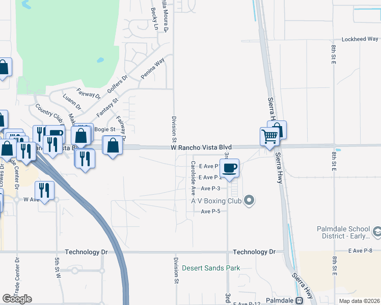 map of restaurants, bars, coffee shops, grocery stores, and more near 139 Pictorial Street in Palmdale
