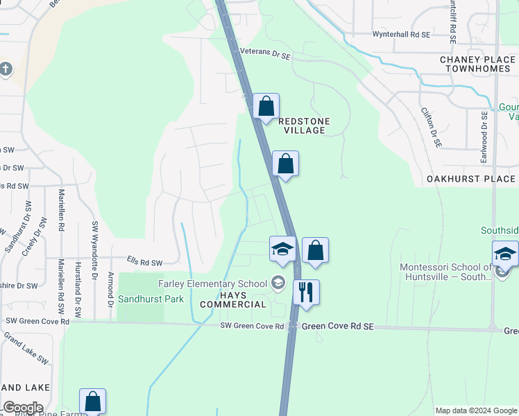 map of restaurants, bars, coffee shops, grocery stores, and more near 2098 Oak Dairy Lane Southwest in Huntsville