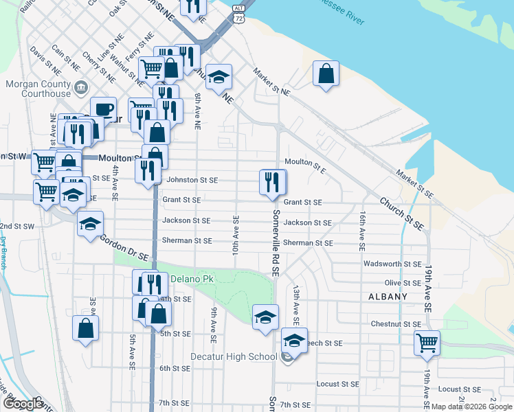 map of restaurants, bars, coffee shops, grocery stores, and more near 1050 Grant Street Southeast in Decatur