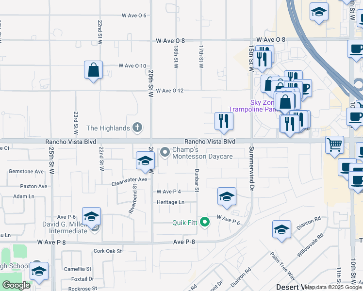 map of restaurants, bars, coffee shops, grocery stores, and more near 1751 Windsor Place in Palmdale