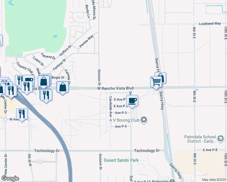map of restaurants, bars, coffee shops, grocery stores, and more near 209 Pictorial Street in Palmdale