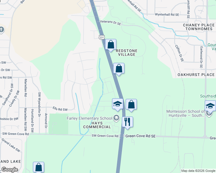 map of restaurants, bars, coffee shops, grocery stores, and more near 2098 Oak Dairy Lane Southwest in Huntsville