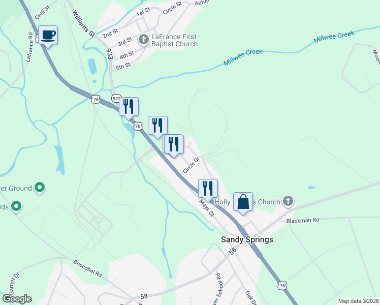 map of restaurants, bars, coffee shops, grocery stores, and more near 119 Veranda Circle in Pendleton