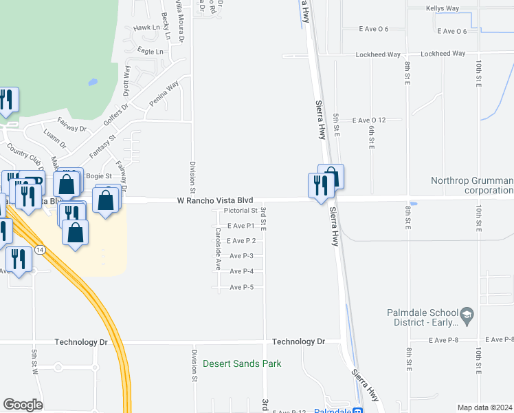 map of restaurants, bars, coffee shops, grocery stores, and more near 269 Pictorial Street in Palmdale