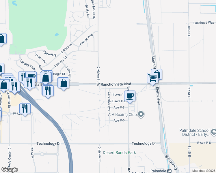 map of restaurants, bars, coffee shops, grocery stores, and more near 139 Pictorial Street in Palmdale