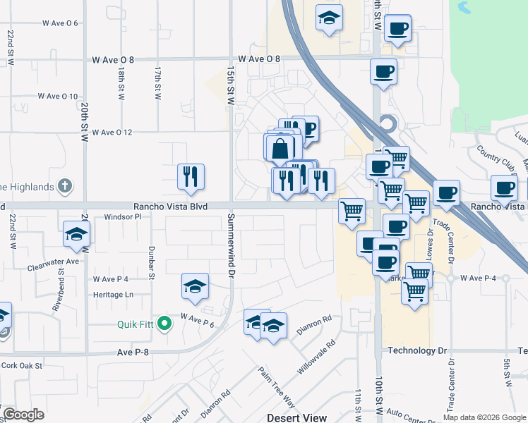 map of restaurants, bars, coffee shops, grocery stores, and more near 1305 Windsor Place in Palmdale