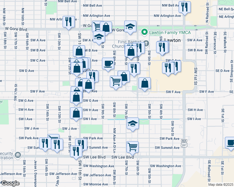map of restaurants, bars, coffee shops, grocery stores, and more near 507 Southwest 8th Street in Lawton
