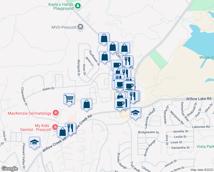 map of restaurants, bars, coffee shops, grocery stores, and more near 1045 Sandretto Drive in Prescott