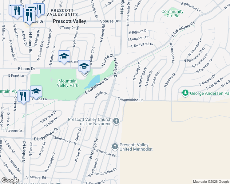 map of restaurants, bars, coffee shops, grocery stores, and more near 4050 North Navajo Drive in Prescott Valley