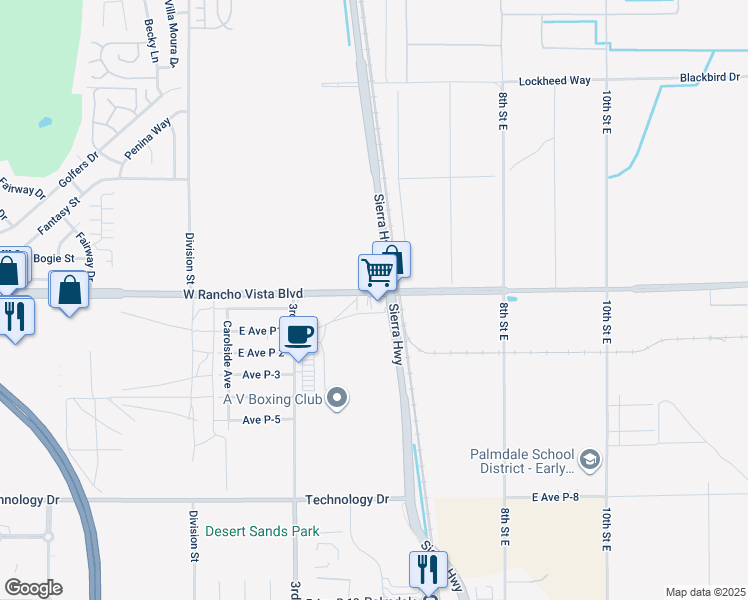 map of restaurants, bars, coffee shops, grocery stores, and more near 434 East Rancho Vista Boulevard in Palmdale