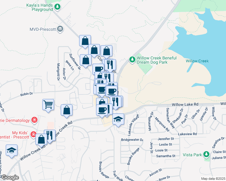 map of restaurants, bars, coffee shops, grocery stores, and more near 3186 Willow Creek Road in Prescott