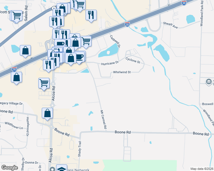 map of restaurants, bars, coffee shops, grocery stores, and more near 100-4098 Whirlwind Street in Bryant
