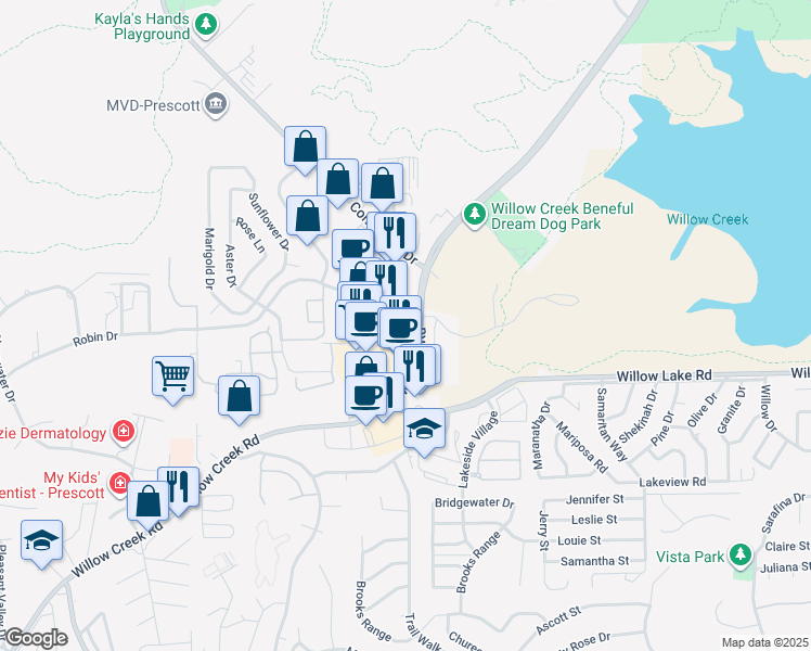 map of restaurants, bars, coffee shops, grocery stores, and more near 3186 Willow Creek Road in Prescott