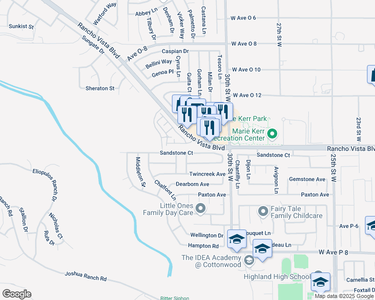 map of restaurants, bars, coffee shops, grocery stores, and more near 3145 Sandstone Court in Palmdale