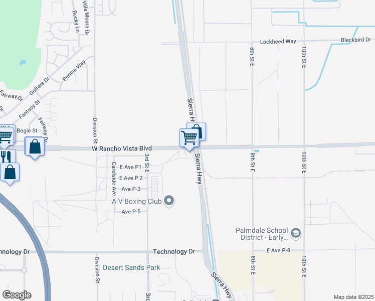 map of restaurants, bars, coffee shops, grocery stores, and more near 434 East Rancho Vista Boulevard in Palmdale