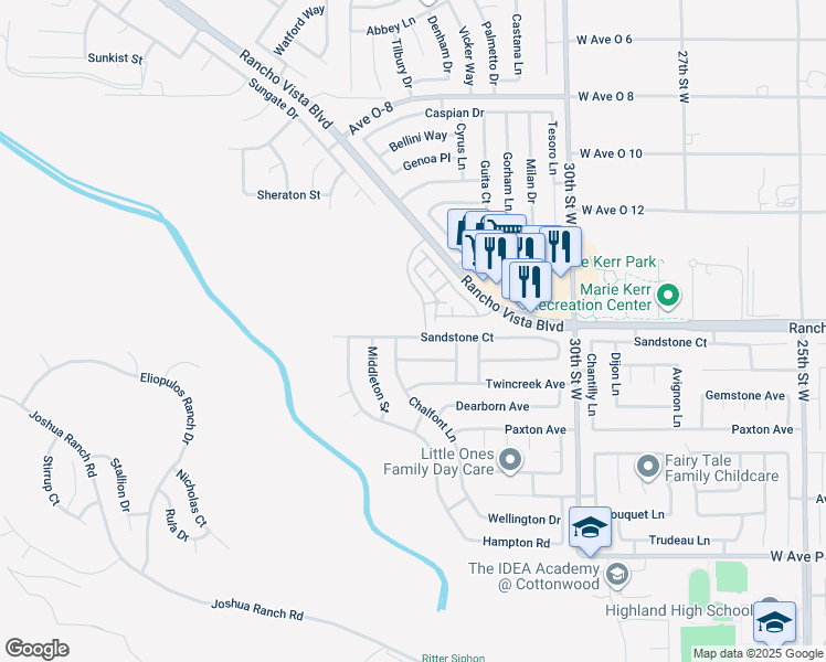 map of restaurants, bars, coffee shops, grocery stores, and more near 3247 Sandstone Court in Palmdale