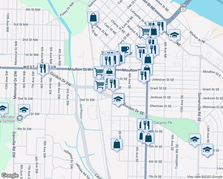 map of restaurants, bars, coffee shops, grocery stores, and more near 224 2nd Avenue Southeast in Decatur