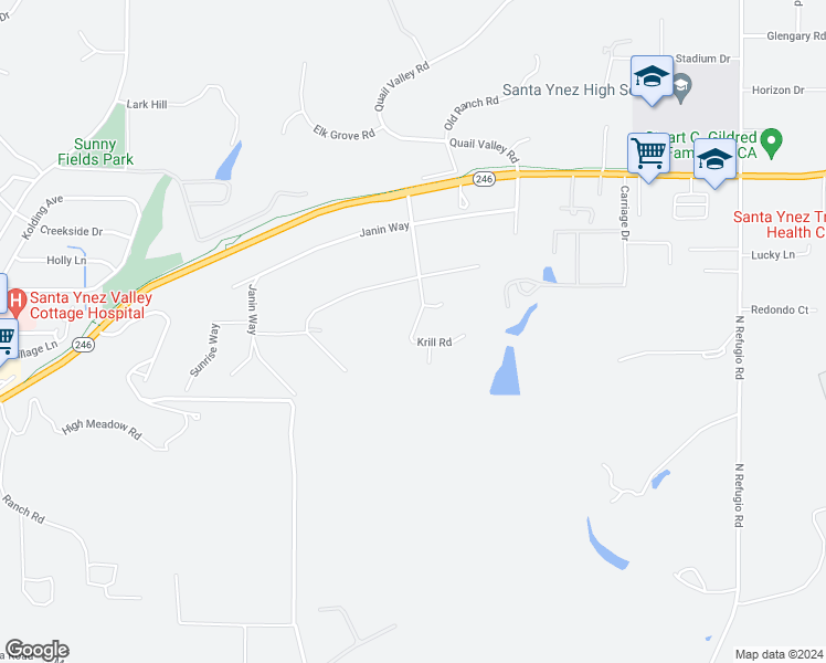 map of restaurants, bars, coffee shops, grocery stores, and more near 2615 Krill Road in Solvang