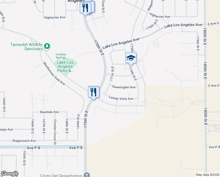 map of restaurants, bars, coffee shops, grocery stores, and more near 17104 Queensglen Avenue in Palmdale