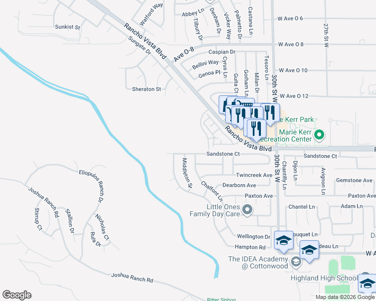 map of restaurants, bars, coffee shops, grocery stores, and more near 3315 Sandstone Court in Palmdale