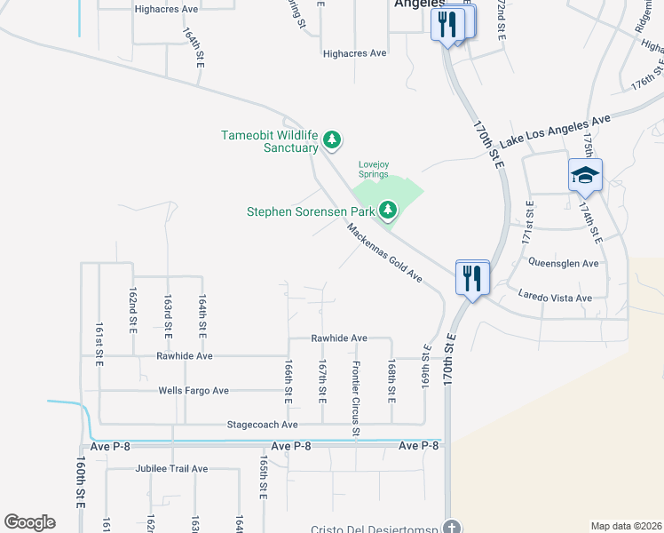 map of restaurants, bars, coffee shops, grocery stores, and more near 39605 167th Street East in Palmdale