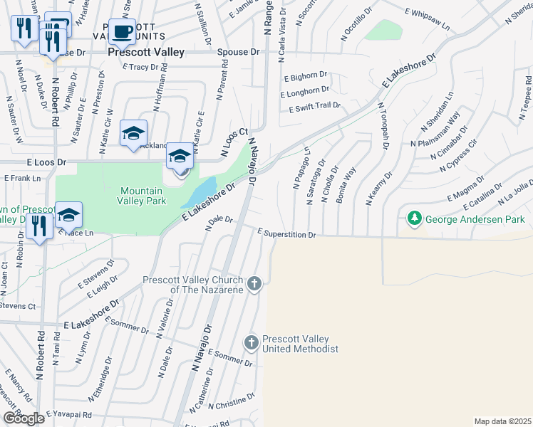 map of restaurants, bars, coffee shops, grocery stores, and more near 8960 East Navajo Court in Prescott Valley