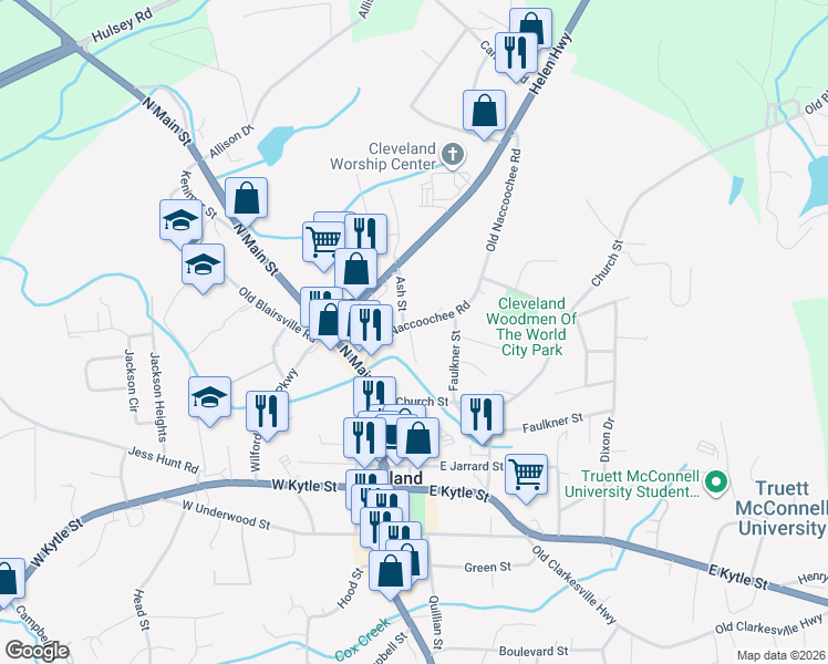 map of restaurants, bars, coffee shops, grocery stores, and more near 195 Nacoochee in Cleveland