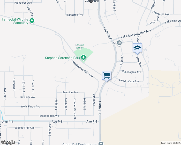 map of restaurants, bars, coffee shops, grocery stores, and more near Mackennas Gold Avenue in Lake Los Angeles