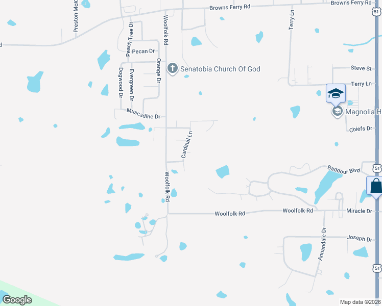 map of restaurants, bars, coffee shops, grocery stores, and more near 315 Cardinal Lane in Senatobia