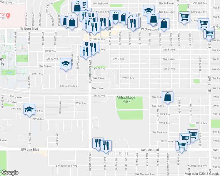 map of restaurants, bars, coffee shops, grocery stores, and more near Southwest 21st Street in Lawton