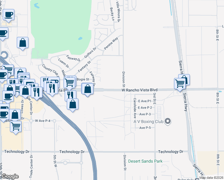 map of restaurants, bars, coffee shops, grocery stores, and more near 192 West Avenue P in Palmdale