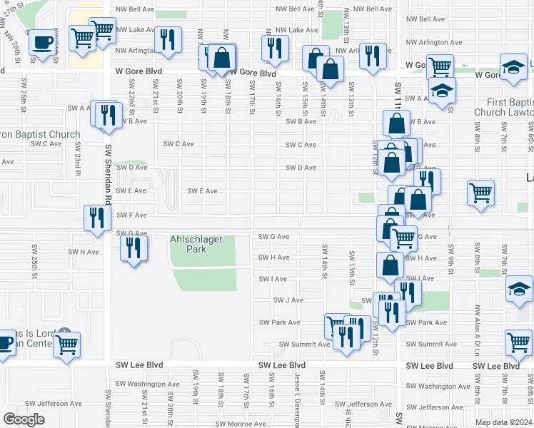 map of restaurants, bars, coffee shops, grocery stores, and more near 1607 Southwest F Avenue in Lawton