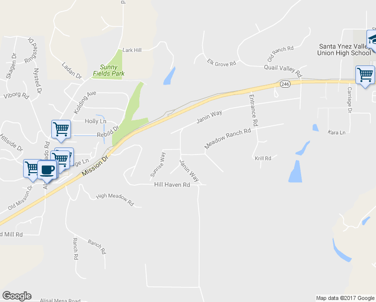 map of restaurants, bars, coffee shops, grocery stores, and more near 2366 Janin Way in Solvang