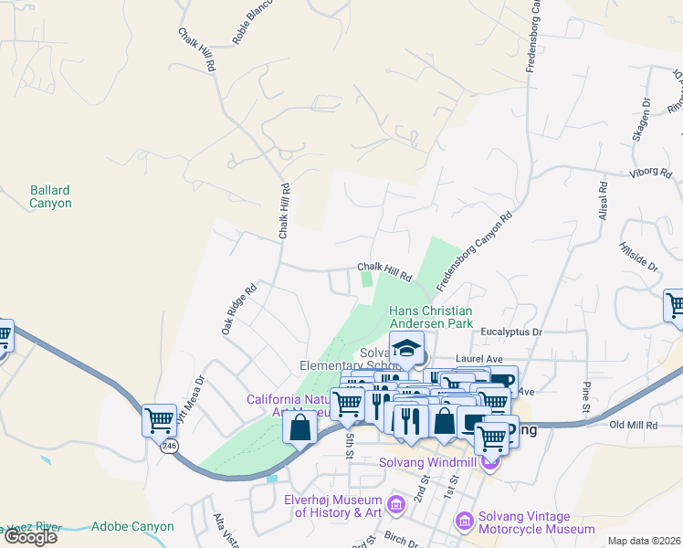 map of restaurants, bars, coffee shops, grocery stores, and more near 651 Chalk Hill Road in Solvang