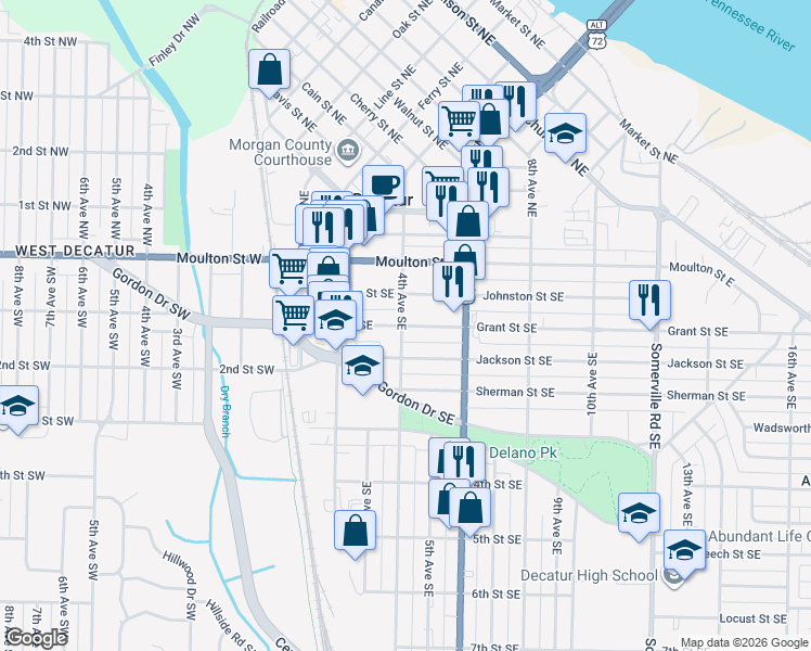 map of restaurants, bars, coffee shops, grocery stores, and more near 410 Grant Street Southeast in Decatur