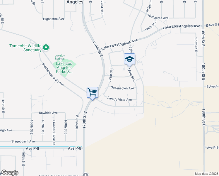 map of restaurants, bars, coffee shops, grocery stores, and more near 17104 Queensglen Avenue in Palmdale