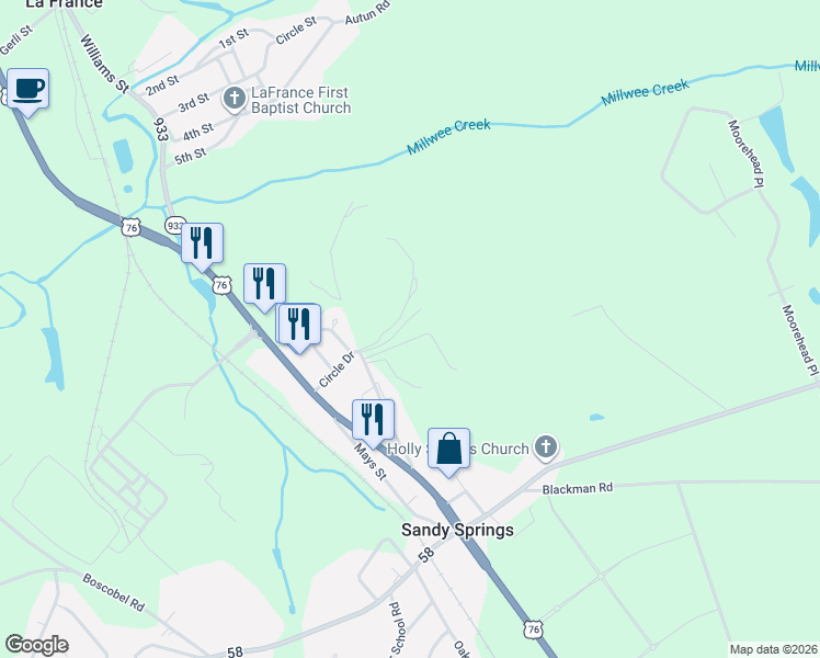 map of restaurants, bars, coffee shops, grocery stores, and more near 270 Circle Drive in Pendleton