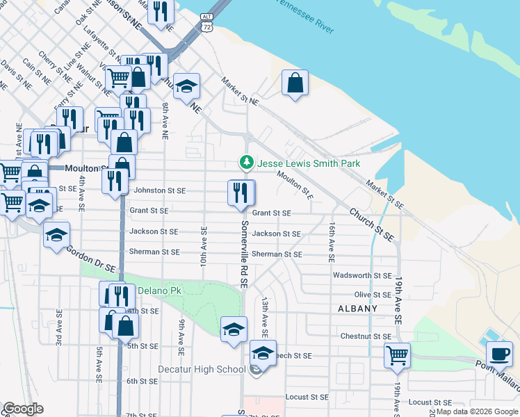 map of restaurants, bars, coffee shops, grocery stores, and more near 1210 Grant Street Southeast in Decatur