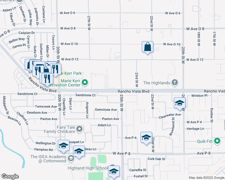 map of restaurants, bars, coffee shops, grocery stores, and more near Rancho Vista Boulevard in Palmdale