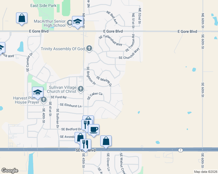 map of restaurants, bars, coffee shops, grocery stores, and more near 601 Southeast Mieling Drive in Lawton
