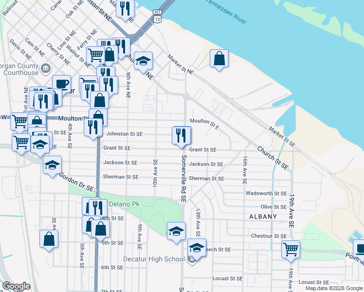 map of restaurants, bars, coffee shops, grocery stores, and more near 1050 Grant Street Southeast in Decatur