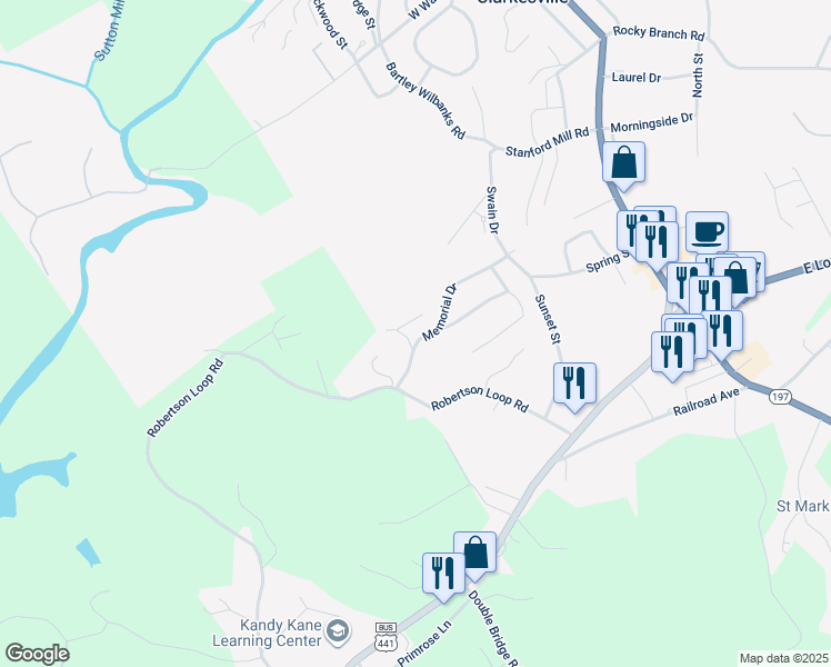 map of restaurants, bars, coffee shops, grocery stores, and more near 347 Memorial Drive in Clarkesville