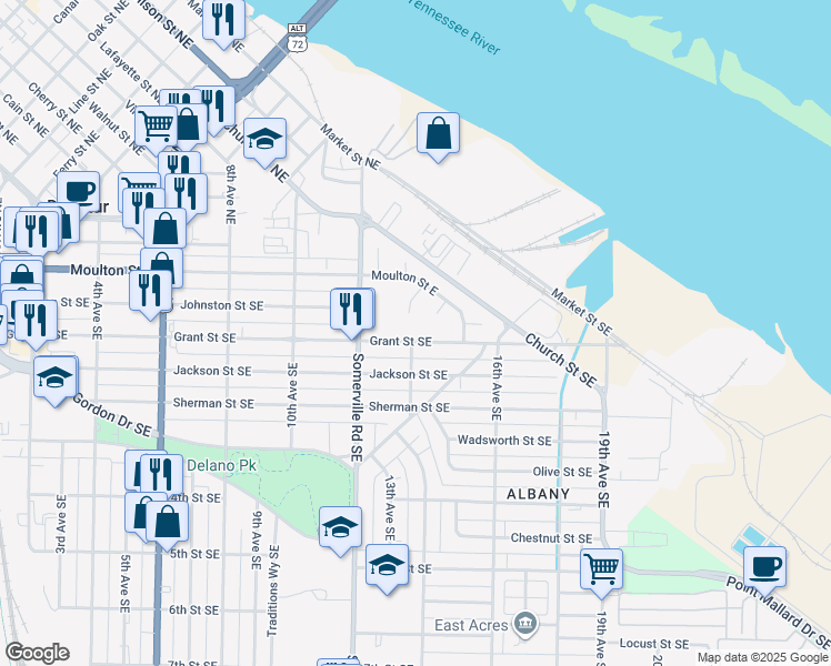 map of restaurants, bars, coffee shops, grocery stores, and more near 1404 Grant Street Southeast in Decatur