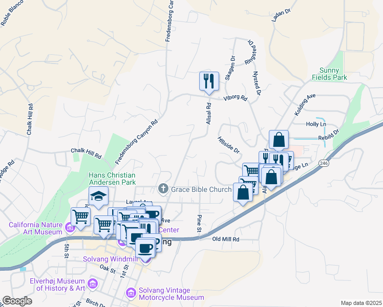 map of restaurants, bars, coffee shops, grocery stores, and more near 1729 Vigard Drive in Solvang